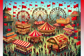 An illustration of a carnival scene with subtle red flags hidden in the background, highlighting the theme of overlooked warning signs in dating.