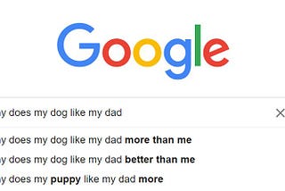 A google search for “Why does my dog like my dad” with auto-complete suggestions including “why does my dog like my dad more than me,” “why does my dog like my dad better than me,” and “why does my puppy like my dad more”