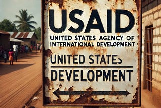 An AI generated image of a rusted USAID sign by a dirt road. Not very good.