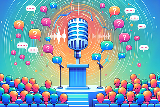 A microphone giving a speech with a robotic voice to a crowd of microphones with speech bubbles filled with question marks.