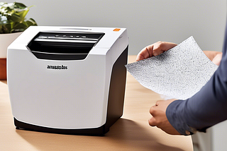 Create an image of an office desk with the AmazonBasics 8-Sheet Cross-Cut Shredder in action, efficiently shredding papers. Show the shredder