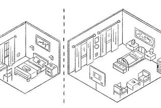 Two hand sketches representing two trade-off scenarios. On the left, there is a small room with comfortable bed setting and on the right is a big room with basic bed setting.