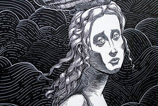 A black and white drawing of a woman looking back at you over her shoulder while walking towards the right. There are clouds and waves of water in the background behind her. Her hair is curling ringlets that fall to shoulder length and her expression is contemplative almost yearning.