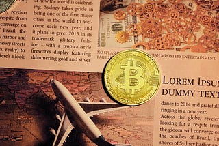 Photo of airplane, maps, gears, newspapers, bitcoin, news