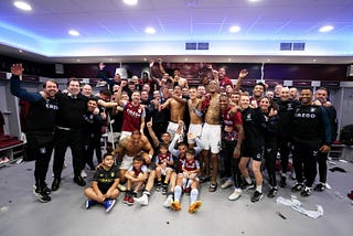 Aston Villa’s men’s first team squad and staff celebrate Europa Conference League qualification after the 2–1 win over Brighton on May 28th, 2023