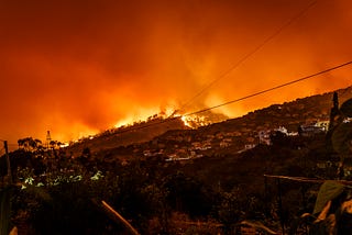 A hillside view on a residential area. There are flames blazing in the background and the sky is red/orange and covered in smoke