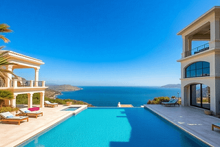 A luxurious villa in Mallorca surrounded by lush landscapes and clear skies, with subtle digital icons representing technology and real estate investment integrated into the scene.