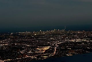 Aerial view of Toronto, Canada, at night.