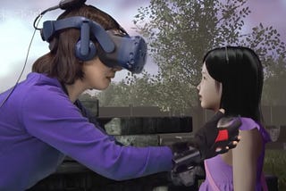 Mother Jang Ji-sung, wearing a VR headset and gloves, reaches towards a virtual recreation of her daughter, Nayeon.