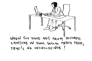 Woman sitting at her desk in front of her computer. With the caption: When you have ads from divorce lawyers in your social media feed, that’s no coincidence.