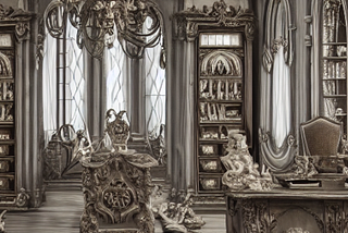 AI Text Prompt: local Stable Diffusion: “monochrome Rococo Baroque architecture wood office scene, intricate details, highly detailed, figurines, bric-a-brac, decay, opulent, beautiful, found objects, hyper-realistic, gothic, fantasy, surreal, high detail, high definition, high quality, photo-realistic, 8k”