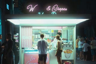 A picture of many people buying ice cream from a tiny ice cream shop.