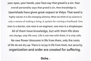 Kindle quote of Osho on difference between knowledge and ignorance