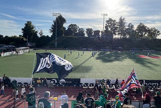 Oakland Roots fans wave their flags and cheer on their team as the game plays out.