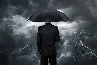 Man standing under an umbrella in a storm of clouds and lighting