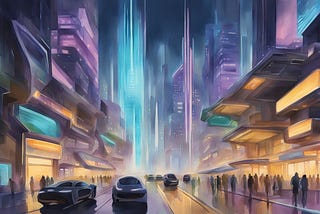 A group of futuristic buildings with sleek, metallic exteriors and glowing neon signs, surrounded by advanced technology and bustling with activity