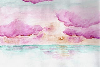 watercolor painting of sunset with pink clouds and blue water