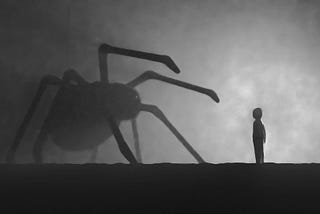 Silhouette of a giant spider and a boy on a dark night