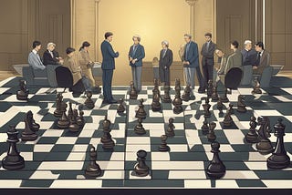 A chessboard with pieces arranged for a game, surrounded by a group of people watching and discussing the game