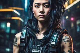 Asian steampunk woman wearing a jetpack