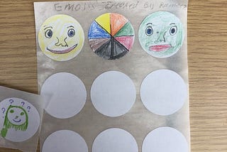 three emoji’s created by a young person. One is yellow with a happy face. One is green with a straight face. One is a circular rainbow.