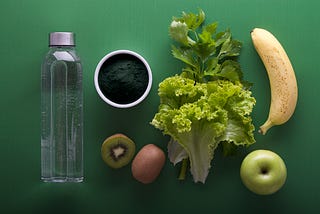 Fruit, vegetables, a bottle of water.