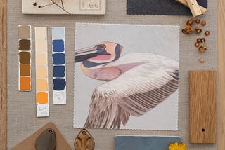 Mood board featuring a Tale Tree fabric swatch with a pelican design surrounded by color swatches and natural materials.