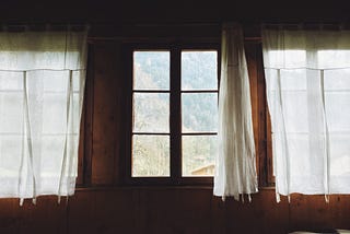 View out window to woods in the distance. White curtains over windows to the right and left of the window with the view.