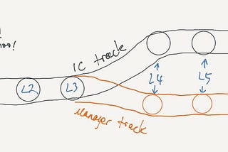 Levels 1–3 visualized as a train track, where the sigle track splits after L3 so that L4, L5, L6 have parallel IC and management tracks