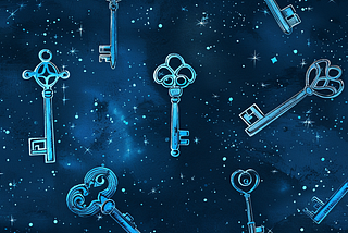 Blue keys on a darker blue star-filled background.
