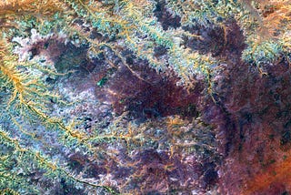 
This scar on an arid landscape is the dry riverbed of the Ghadamis River in the Tinrhert Hamada Mountains near Ghadamis, Libya.
