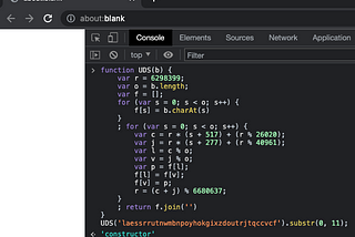 An image of the relevant code executed in Chrome’s devtools’ console in the about:blank page.