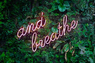 “and breathe” in pink neon letters against background of green leaves