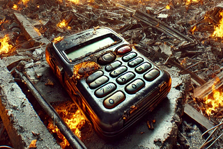 A burnt pager lies on the ground amid flames and debris.