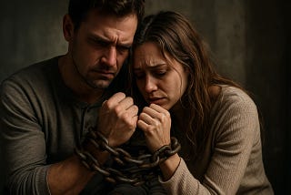 A man and woman sit close together, both looking distressed, with heavy metal chains binding their wrists together. Their heads are bowed and their expressions are pained, symbolizing emotional bondage, trauma bonds, and the struggle to break free from toxic relationships.