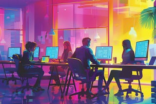 Colourful illustration of 4 adults working at computer screens in a colourful office