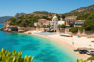 A scenic view of Mallorca showcasing crystal-clear beaches, lush greenery, luxury villas, and charming townhouses, embodying the allure of Mediterranean living.