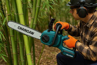 Chainsawing with safety gear in a backyard