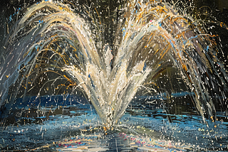 A fountain spraying water in every direction, Impressionistic art style