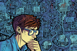 Illustrating image drawn in comic style of a person contemplating with a complex, intertwined maze of information in the background.