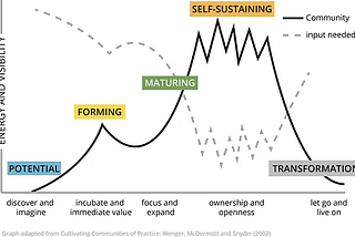 A graph with energy and sustainability on the y axis and five stages listed on the x axis. The first stage is potential which see’s a rise in energy peaking at the second stage of forming. Here it drops before rising through maturity and peaking at self sustaining. The final stage is transformation and marks the closing of the community. There is a second line marking the input needed for the community, it starts high in stage 1 and then drops at each of the next stages before rising at the end.