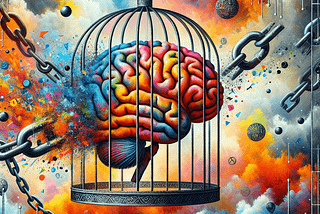 A brain breaking free from chains and a cage, surrounded by bright, liberating colors.