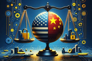A scale balancing locks and money supported by a globe divided between the United States and China