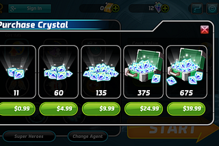 An In-App purchase screen where players can buy crystals, with prices $0.99 for 11, $4.99 for 60, $9.99 for 135, $24.99 for 375, and $39.99 for 675