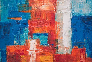 Modern art with blue, orange, and white rectangles