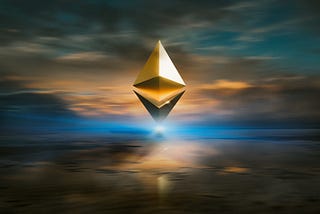 The Ethereum diamond logo surrounded by clouds reflected on water