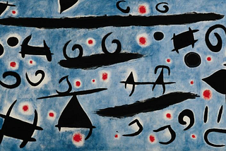 Danse de personnages et d’oiseaux sur un ciel bleu ; étincelles, Joan Miró