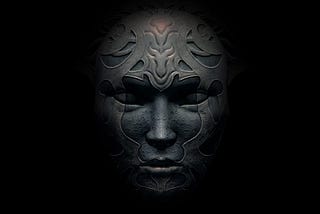 “god mask”, dark image with shadow of a face in front of black background