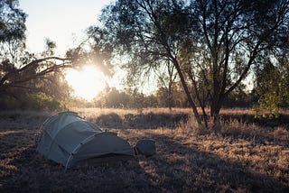 swag in the Australian bush at sunrise
