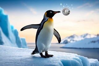 A penguin stands on an icy cliff, scanning the sky for an airdrop